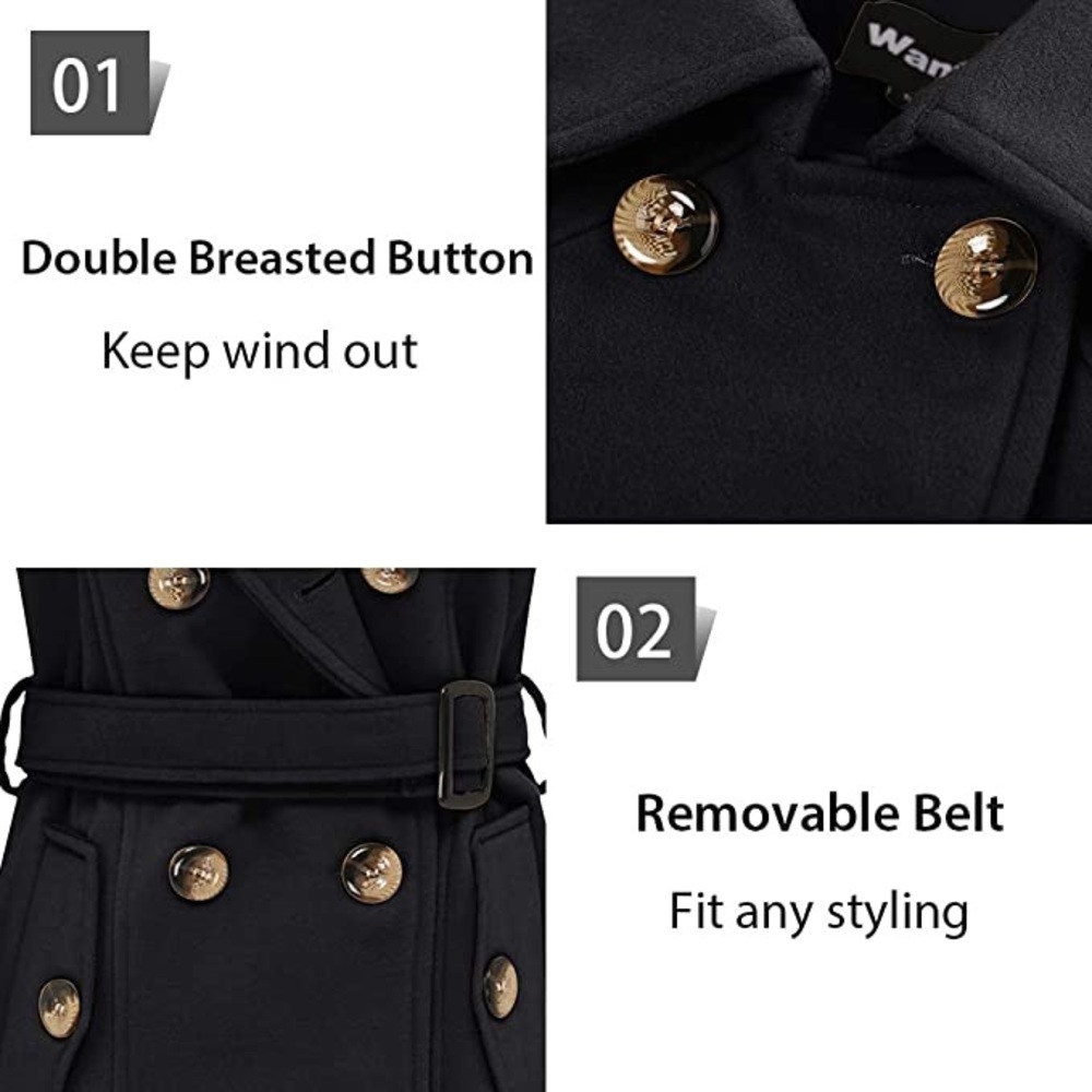 New Women's Double Breasted Trench Coat Pea Coat Winter Mid-Long with Belt - Picture 5 of 5